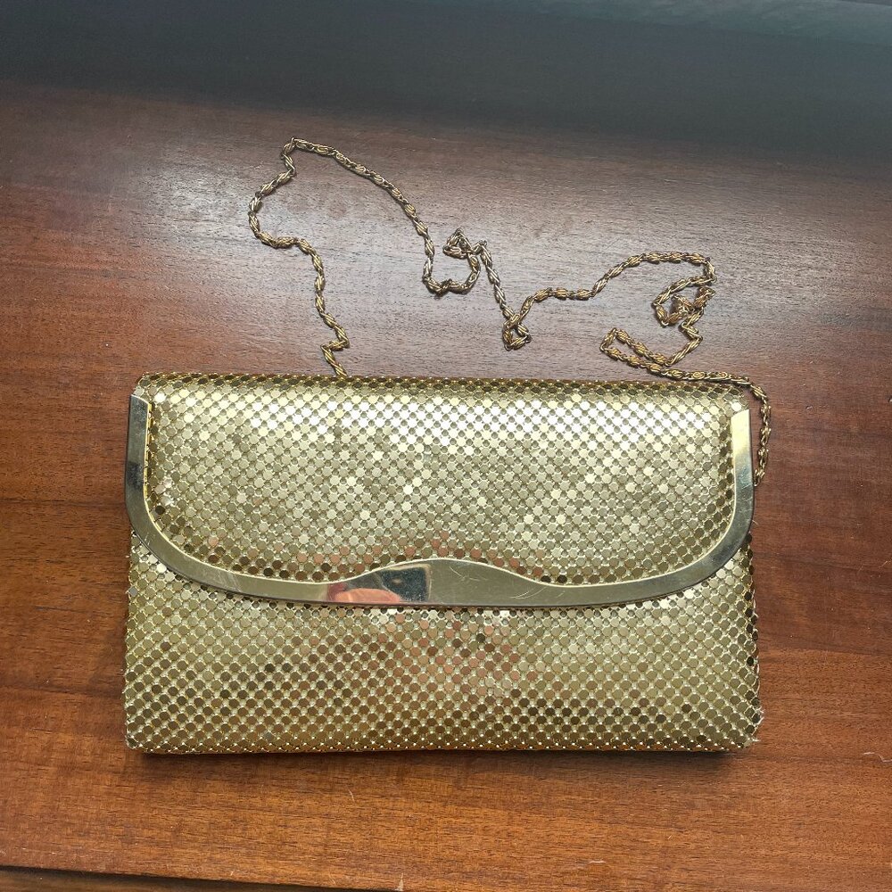 Vintage Warren Reed Gold Metal Mesh Disc Crossbody Evening Clutch Chain Strap.